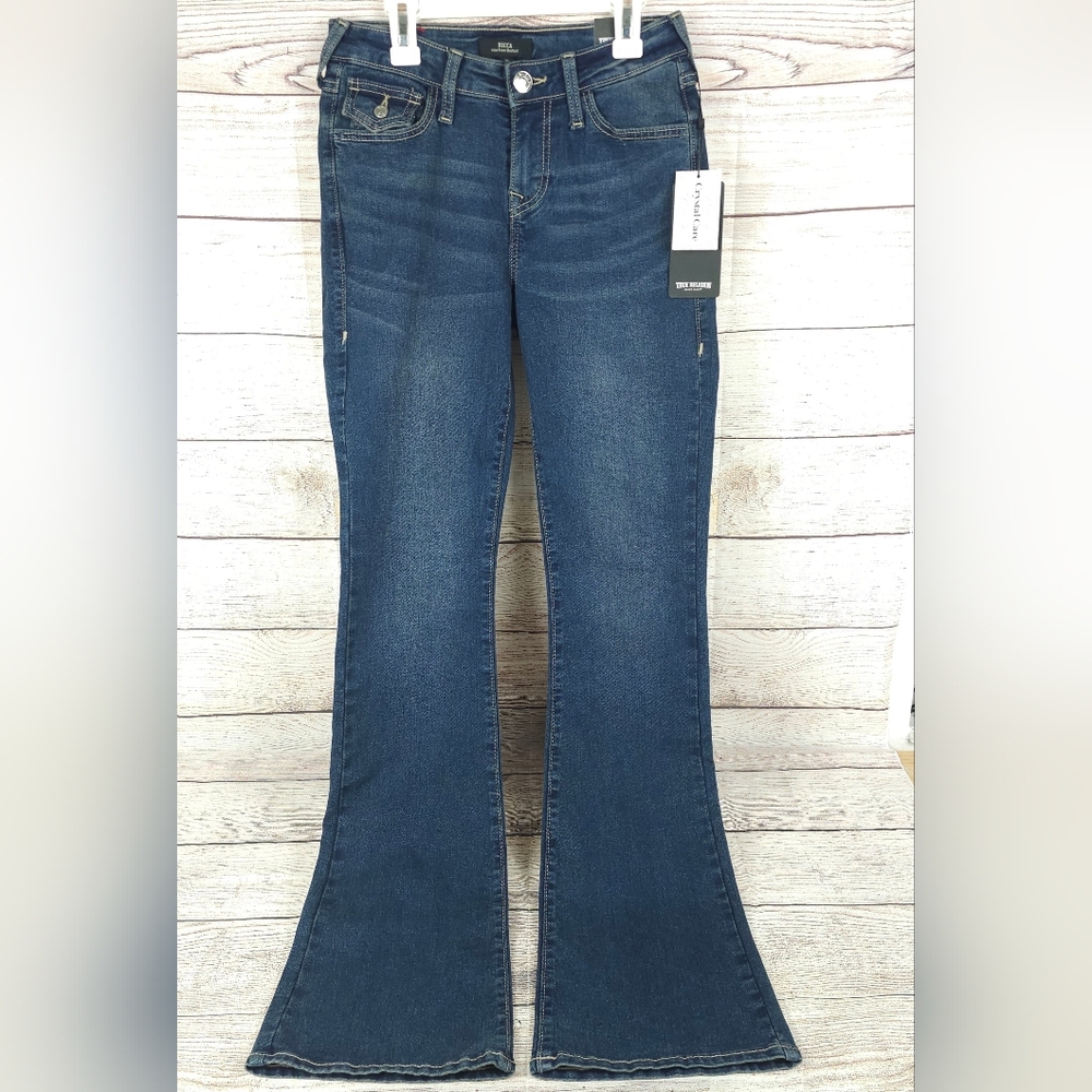 NEW True Religion Women's Dark Blue BECCA Crystal Flap Bootcut Size 26 $179